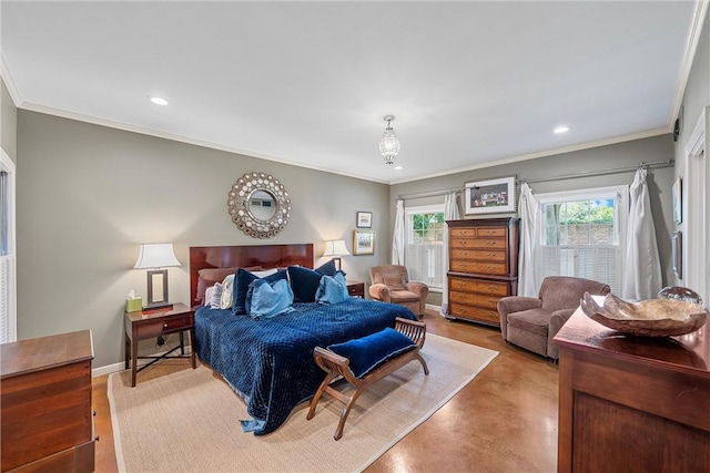 bedroom with concrete floors and ornamental molding