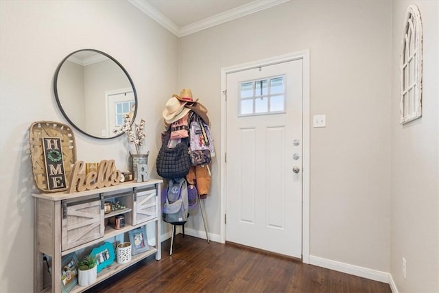 foyer featuring dark hardwood / wood-style floors and ornamental molding