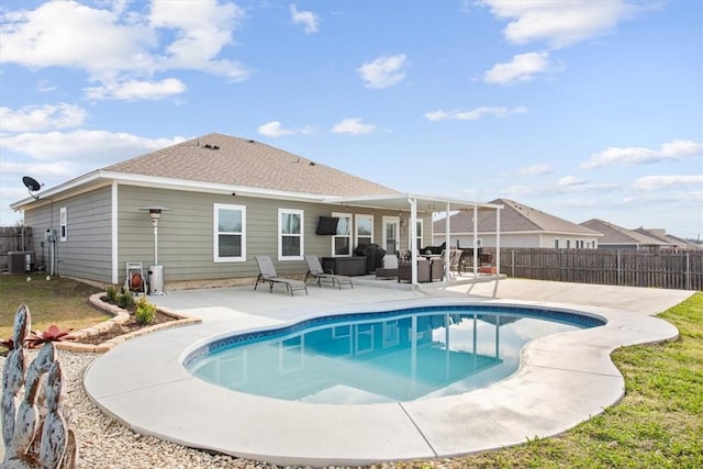 view of swimming pool with central air condition unit, a patio area, and an outdoor hangout area