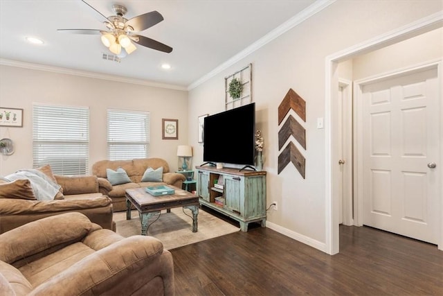 living room with dark hardwood / wood-style floors, ceiling fan, and crown molding