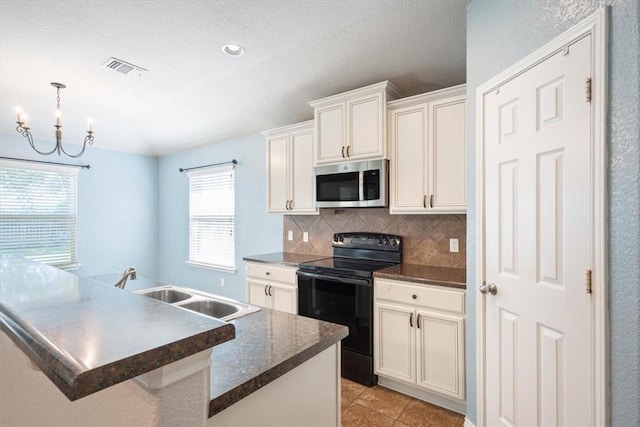 kitchen featuring black electric range oven, a center island with sink, sink, white cabinetry, and a chandelier