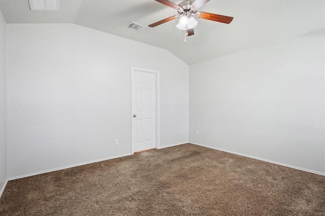 empty room featuring carpet flooring, ceiling fan, and lofted ceiling