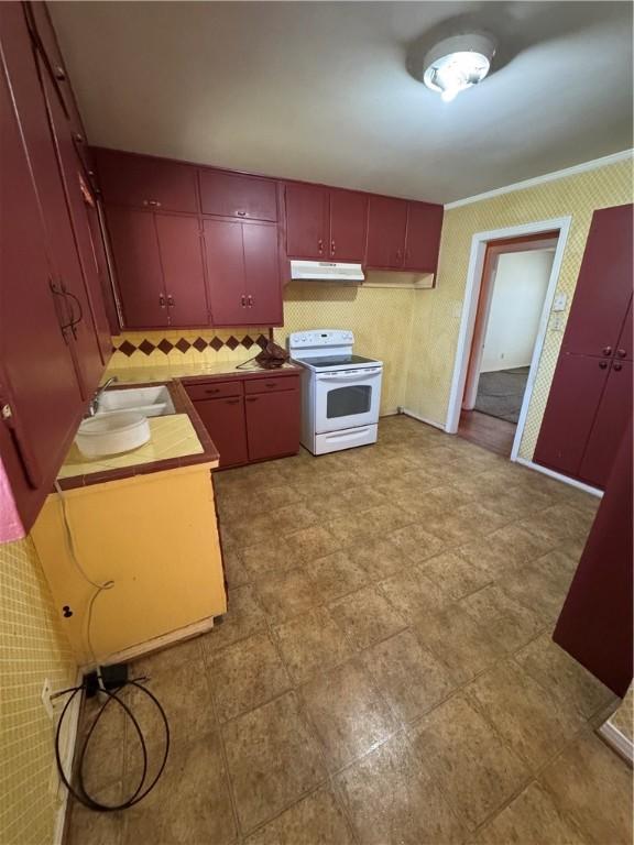 kitchen featuring white electric range oven, red cabinets, ornamental molding, under cabinet range hood, and a sink