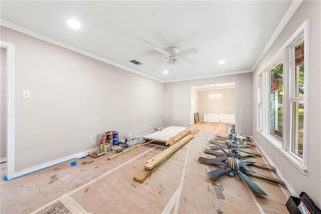 interior space featuring crown molding and ceiling fan with notable chandelier