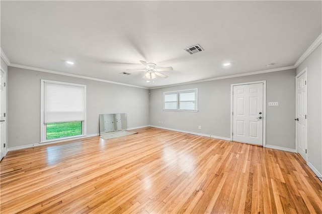 unfurnished living room with light hardwood / wood-style flooring, ceiling fan, and crown molding