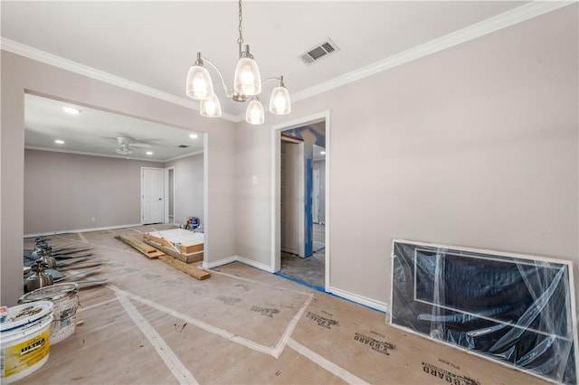 unfurnished dining area with ceiling fan with notable chandelier and ornamental molding