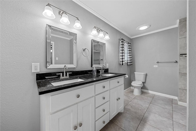 bathroom with tile patterned floors, vanity, toilet, and crown molding