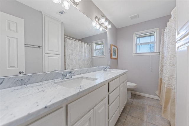 full bathroom with a sink, visible vents, baseboards, and toilet