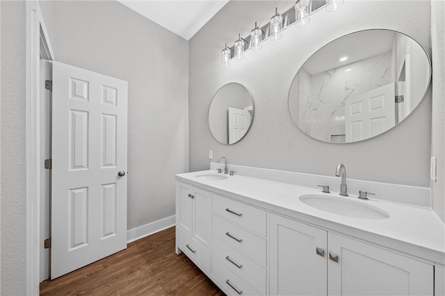 bathroom with hardwood / wood-style flooring and vanity