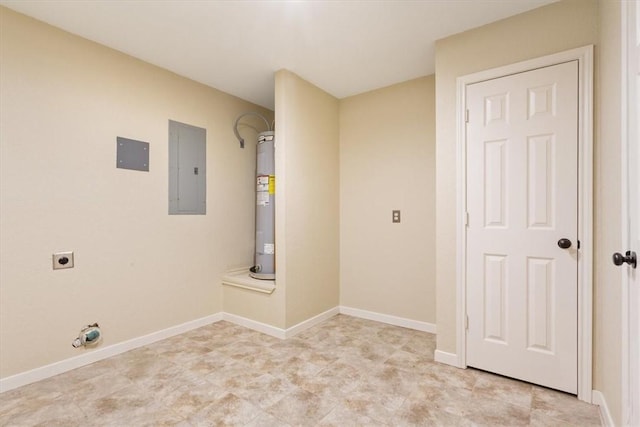 clothes washing area featuring hookup for an electric dryer, electric panel, and water heater