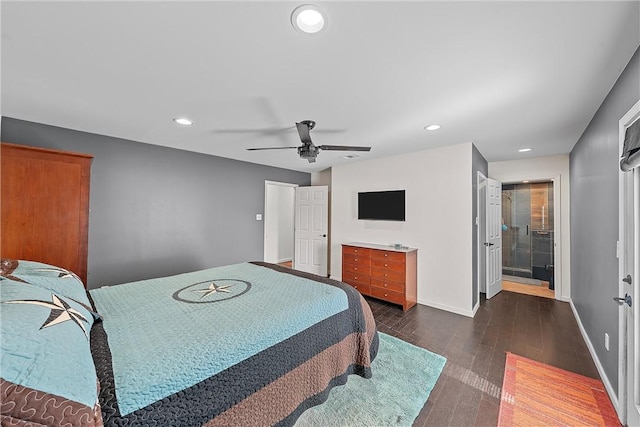 bedroom featuring ceiling fan, dark hardwood / wood-style flooring, and ensuite bathroom