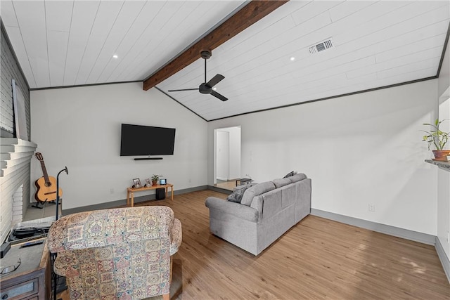 living room with a fireplace, lofted ceiling with beams, light hardwood / wood-style flooring, and ceiling fan