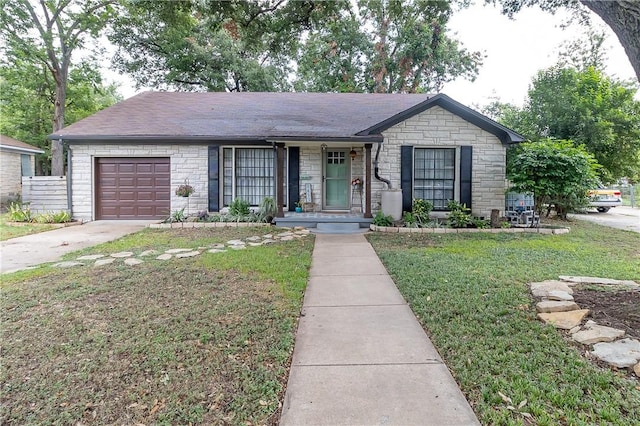 ranch-style house with a front yard and a garage