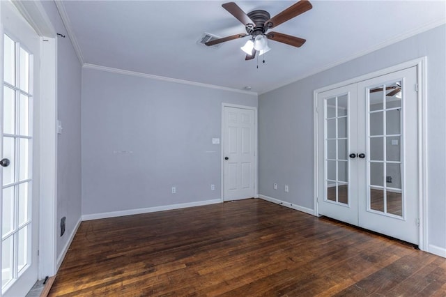 unfurnished room with crown molding, ceiling fan, dark hardwood / wood-style flooring, and french doors