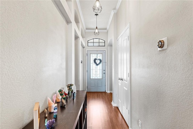 doorway featuring a towering ceiling, dark hardwood / wood-style flooring, and crown molding