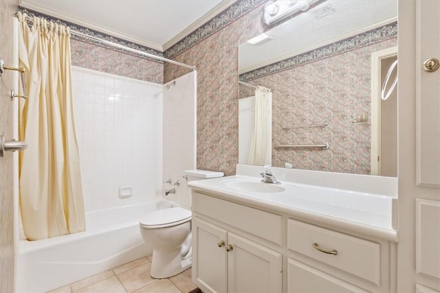 full bathroom with shower / tub combo with curtain, crown molding, tile patterned flooring, vanity, and toilet