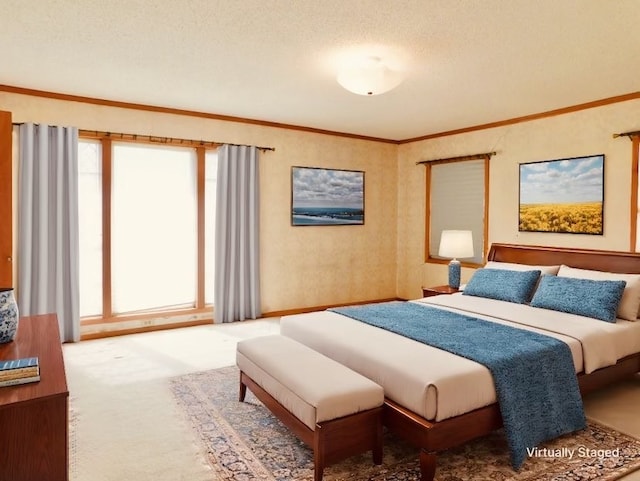 carpeted bedroom with crown molding and a textured ceiling