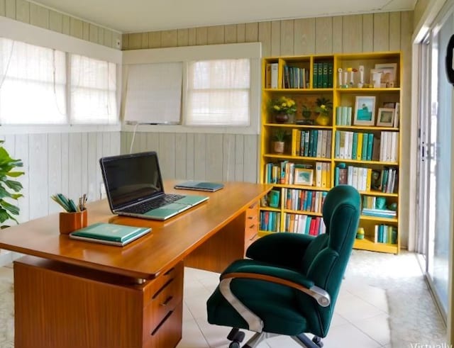 tiled office space with wood walls