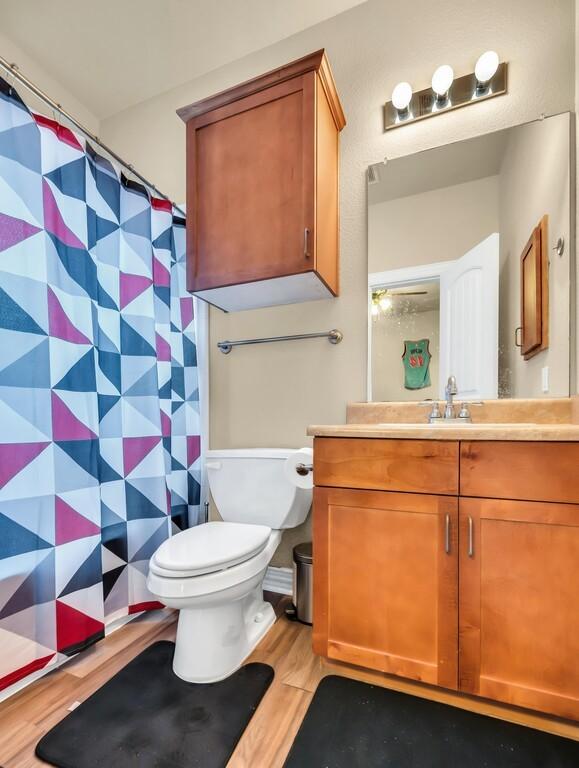 bathroom featuring vanity, hardwood / wood-style floors, and toilet