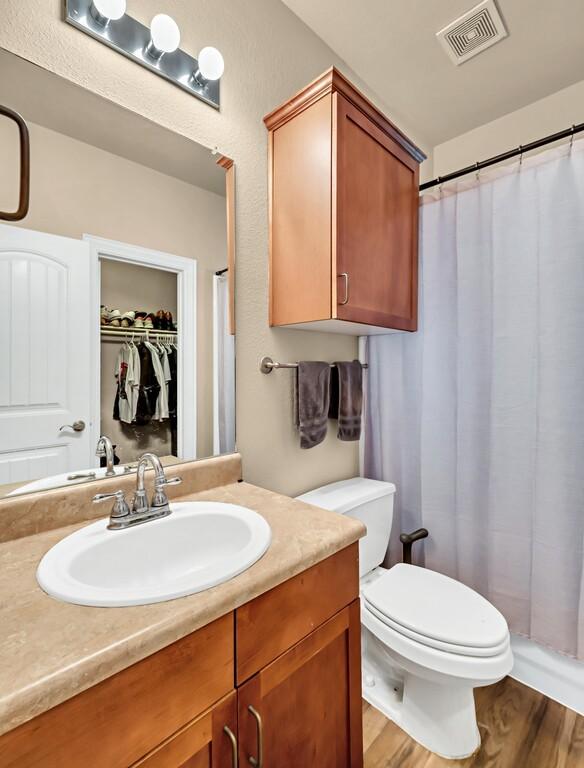 bathroom with hardwood / wood-style flooring, vanity, and toilet