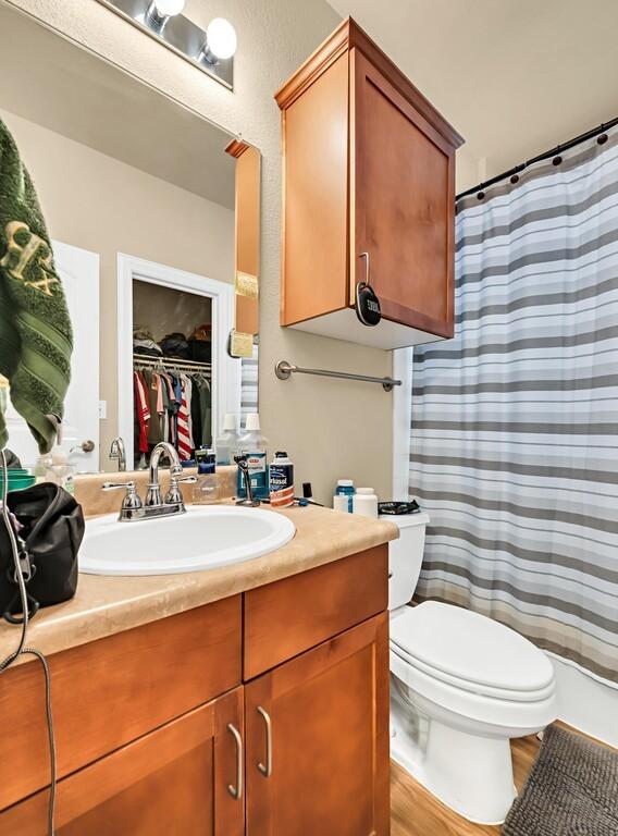 bathroom with vanity, hardwood / wood-style flooring, and toilet