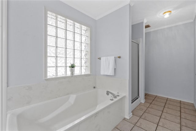 bathroom with independent shower and bath, a wealth of natural light, and crown molding