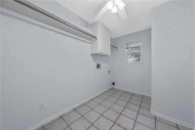 washroom with cabinets, washer hookup, ceiling fan, electric dryer hookup, and light tile patterned flooring