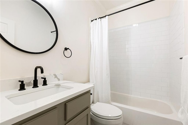 full bathroom with shower / bath combo, vanity, and toilet