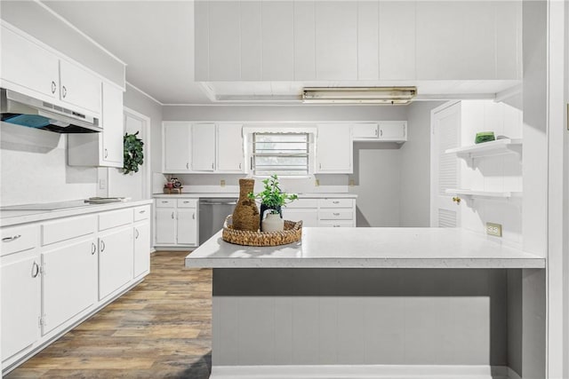 kitchen with stainless steel dishwasher, white cabinets, light wood-type flooring, and electric stovetop