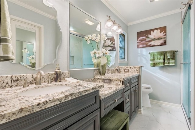 bathroom with vanity, crown molding, a shower with shower door, and toilet