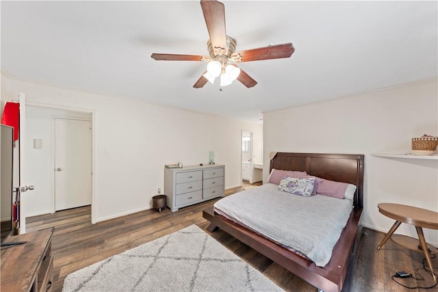 bedroom featuring ceiling fan and dark wood-type flooring