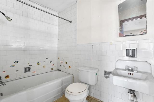 full bathroom featuring tile walls, sink, tiled shower / bath combo, and toilet