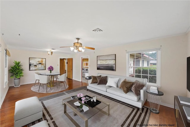 living room with hardwood / wood-style floors, ceiling fan, and crown molding