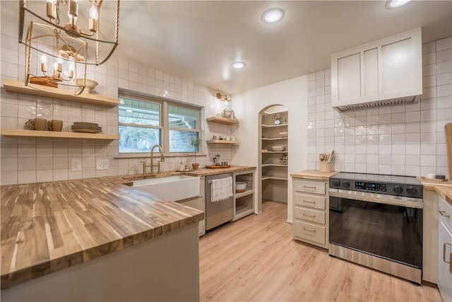 kitchen featuring stainless steel appliances, white cabinetry, butcher block counters, and sink