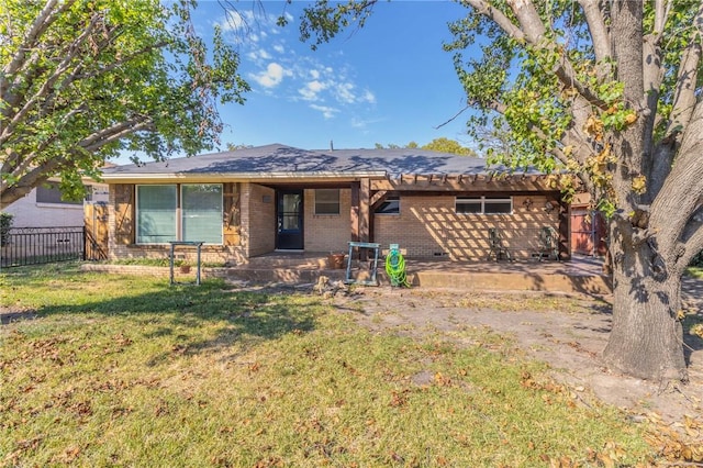 single story home with a patio and a front lawn