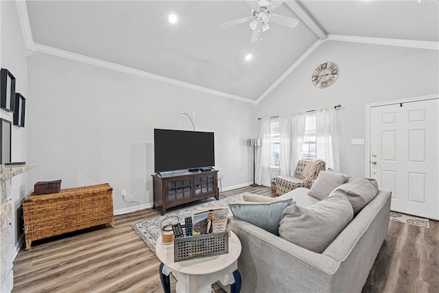 living room featuring ceiling fan, high vaulted ceiling, hardwood / wood-style floors, and crown molding