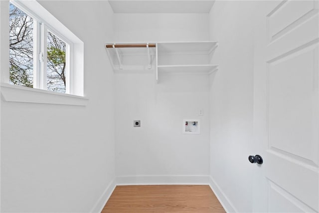 clothes washing area with electric dryer hookup, hookup for a washing machine, and hardwood / wood-style flooring