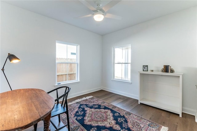 home office featuring ceiling fan and dark wood-type flooring