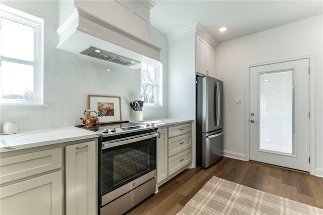 kitchen with white cabinets, premium range hood, appliances with stainless steel finishes, and dark wood-type flooring