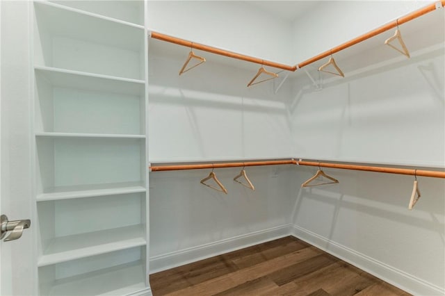 walk in closet with dark wood-type flooring