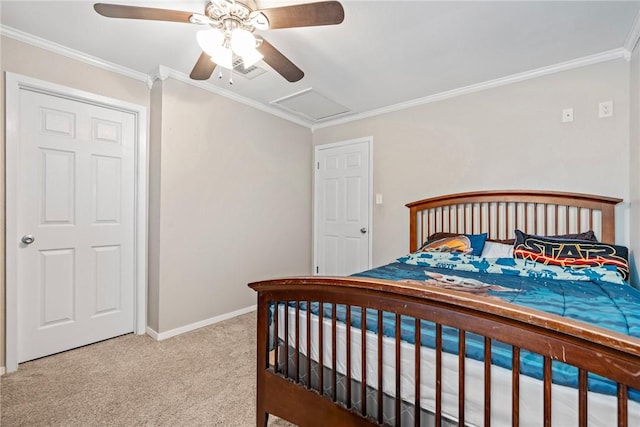 carpeted bedroom with ceiling fan and ornamental molding