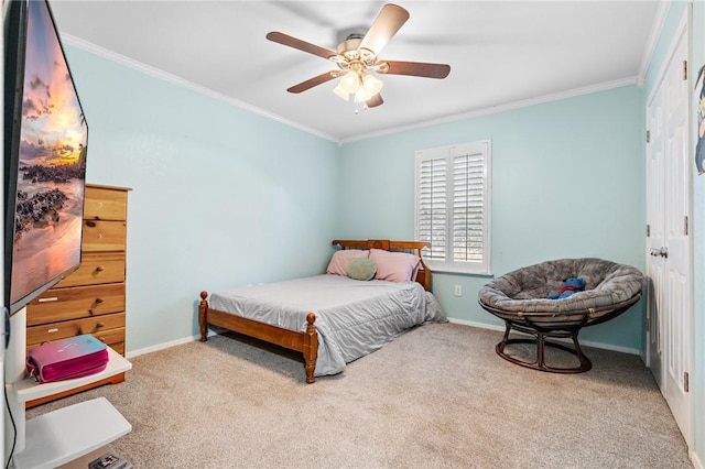 bedroom with ceiling fan, crown molding, and light carpet