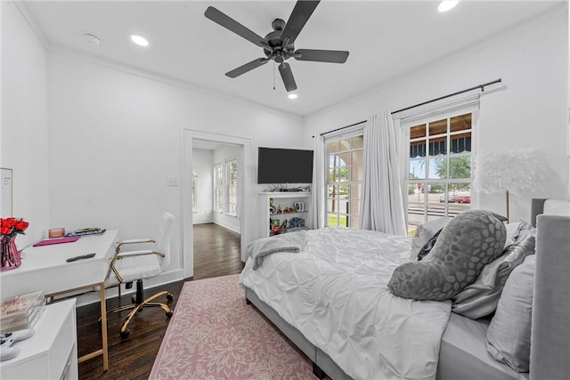 bedroom featuring access to outside, ceiling fan, crown molding, and dark hardwood / wood-style floors