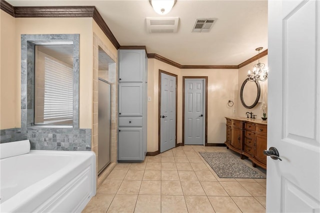 bathroom featuring vanity, plus walk in shower, tile patterned floors, crown molding, and a notable chandelier