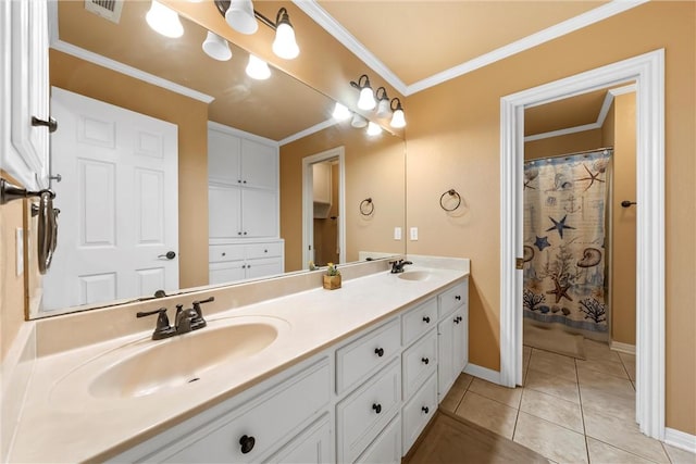 bathroom with tile patterned flooring, vanity, and ornamental molding