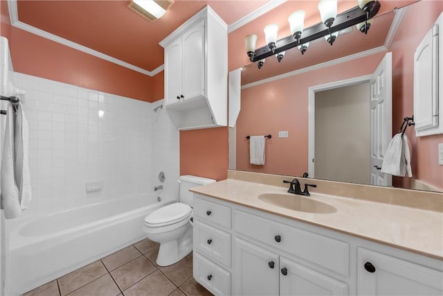 full bathroom featuring tile patterned floors, ornamental molding, vanity, washtub / shower combination, and toilet