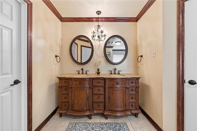 bathroom featuring tile patterned floors, crown molding, vanity, and a chandelier