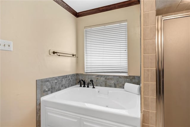 bathroom with plenty of natural light, ornamental molding, and plus walk in shower