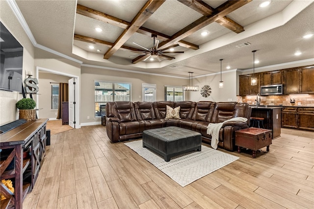 living room featuring coffered ceiling, sink, ceiling fan, a textured ceiling, and beam ceiling