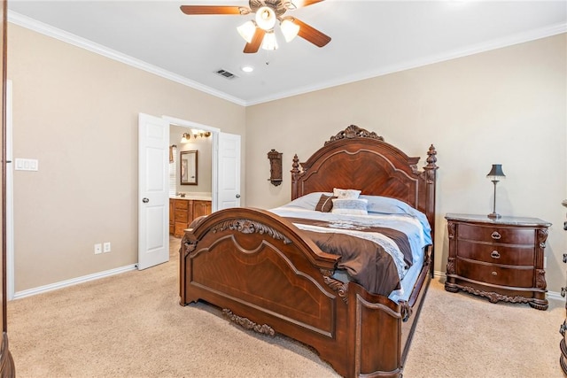 bedroom featuring visible vents, crown molding, and light colored carpet